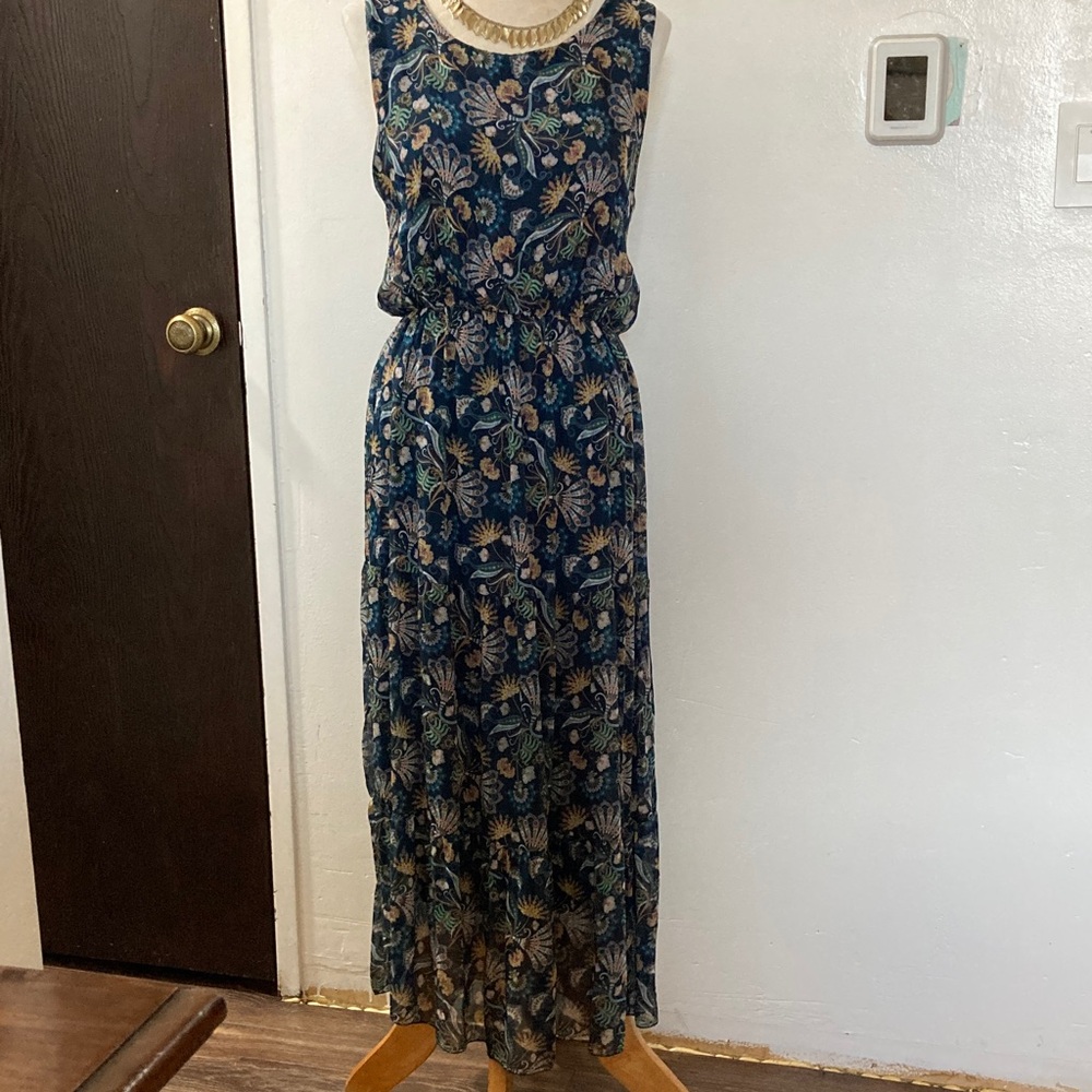 Elegant Blue Floral Maxi SILK DRESS